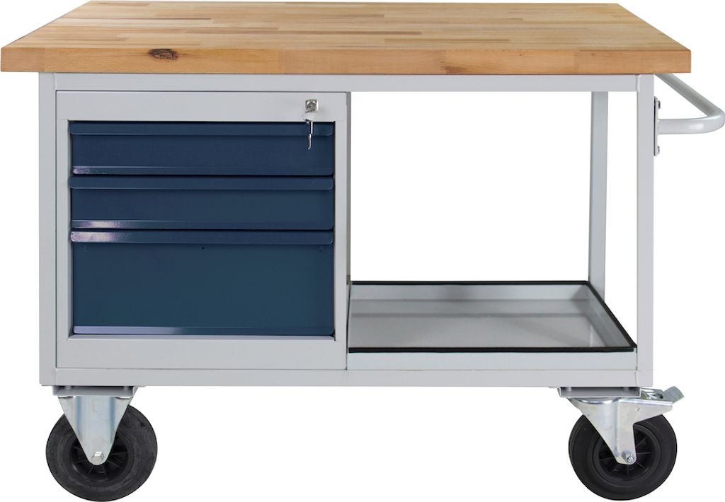 Mobile Werkbank Rhino mit Ablagefach + 3 Schubladen | HxBxT 83x130x60cm | Traglast 500kg | Lichtgrau/Anthrazitgrau