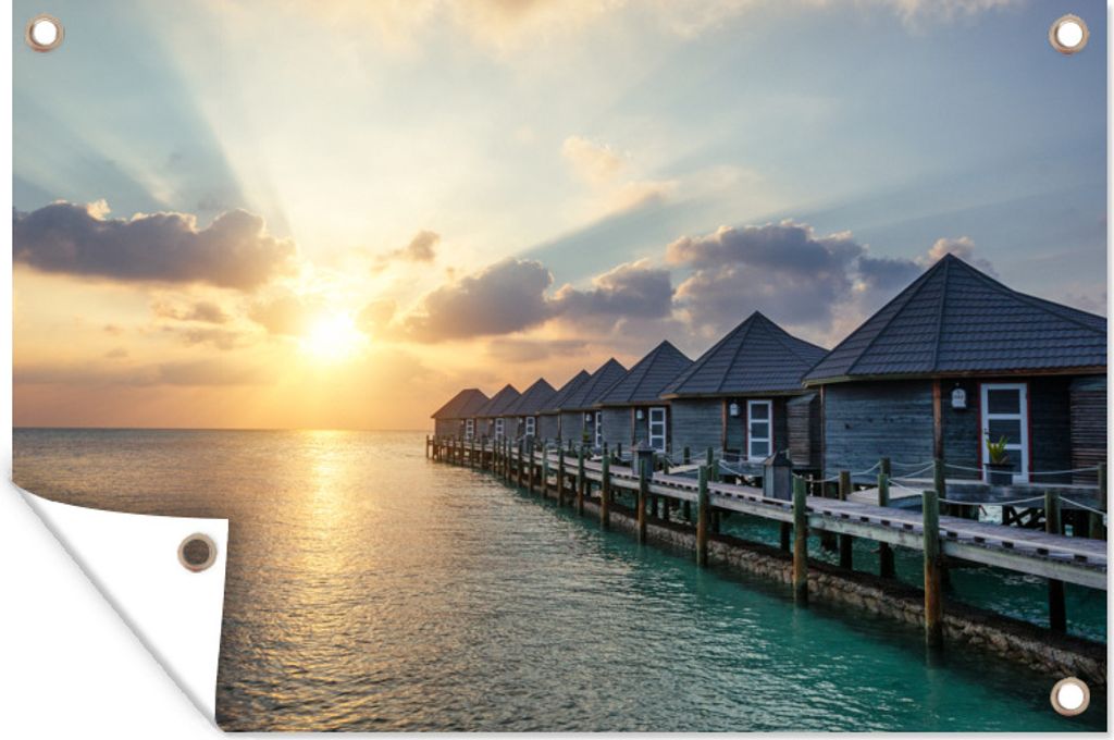 MuchoWow 120x80 cm Outdoor-Poster Gartendeko Sichtschutz Garten Poster für den Garten Holzhäuser an der Küste der Malediven bei Sonnenuntergang