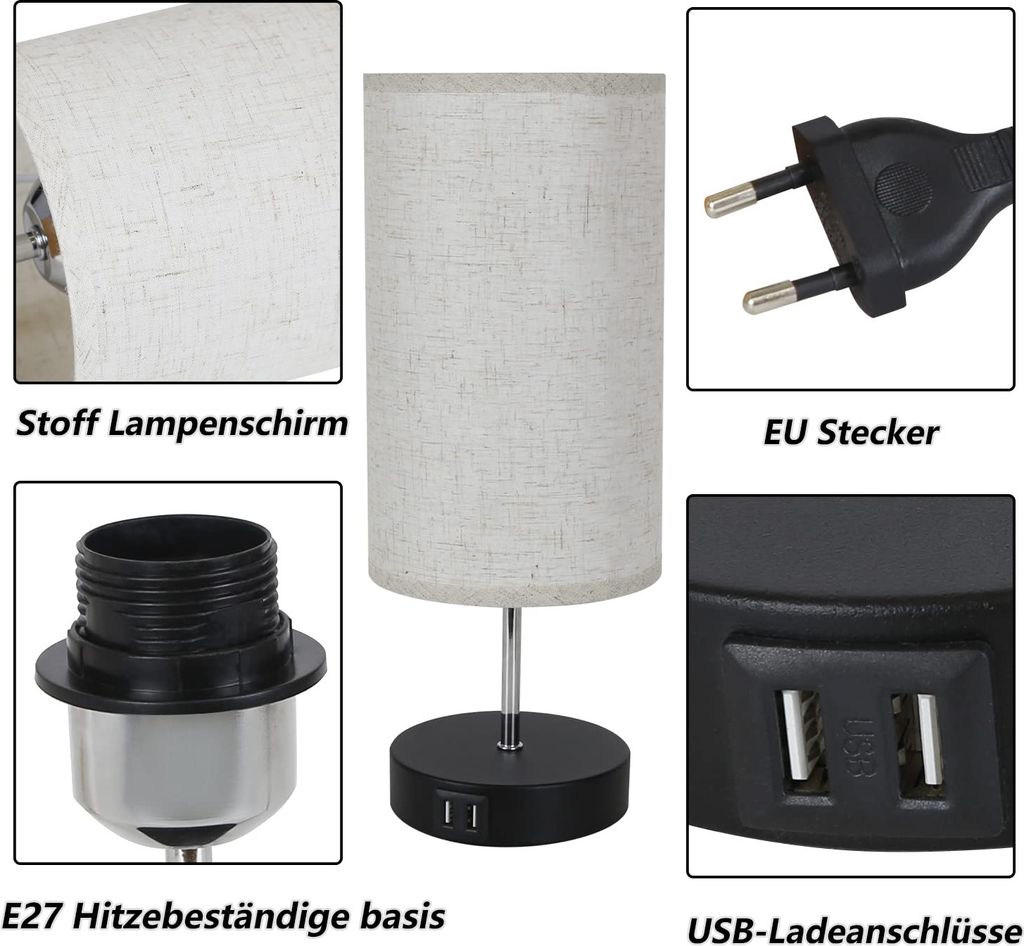 ZMH Tischlampe Wohnzimmer Nachttischlampe USB - 2er Schwarz Produktbild 7