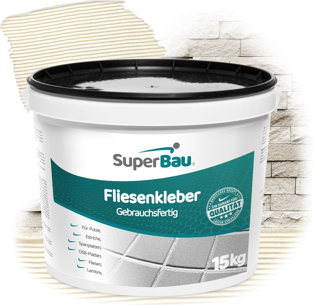 SuperBau Fliesenkleber WEIß 15kg, Flexkleber FLIESEN, Dispersionskleber FERTIG, Flexmörtel HOCHFLEXIBEL, für Bad, Boden, Wand & Küche Gebrauchs...