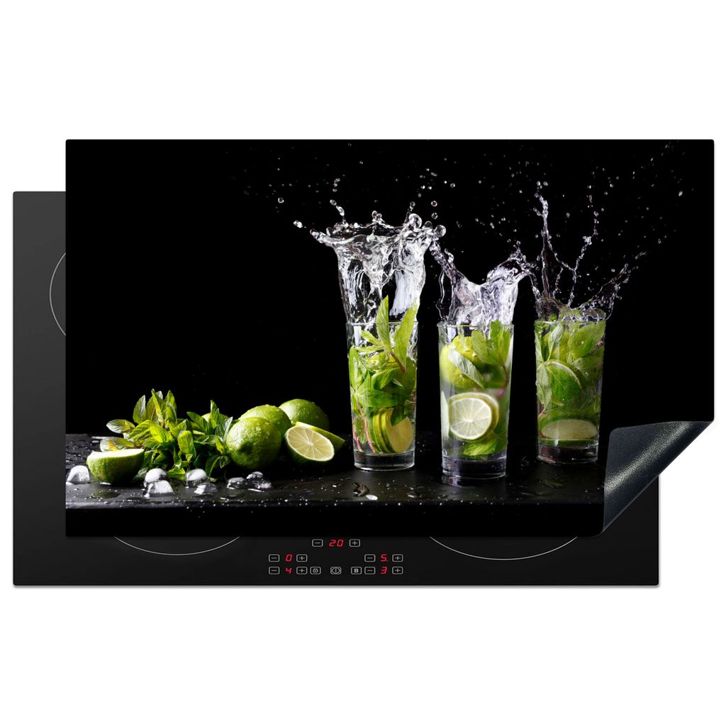 KitchenYeah Herdabdeckplatte Limette - Minze - Glas - Cocktail , 85x52cm, Küche Deko, Glaskeramikkochfeld Herdabdeckung, Abdeckplatte fùr Kochfeld