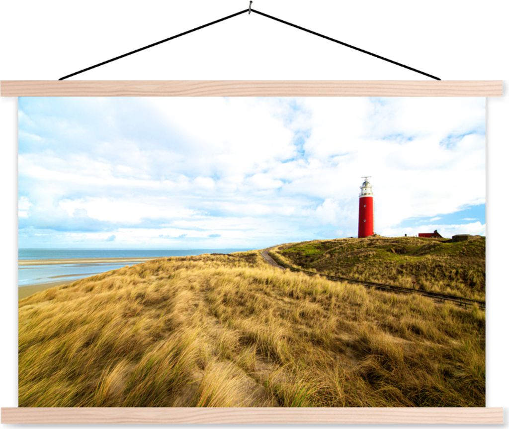 MuchoWow Textilposter Strand - Leuchtturm - Düne 120x80 cm mit holzfarbenen Rahmen - Aufhängeset