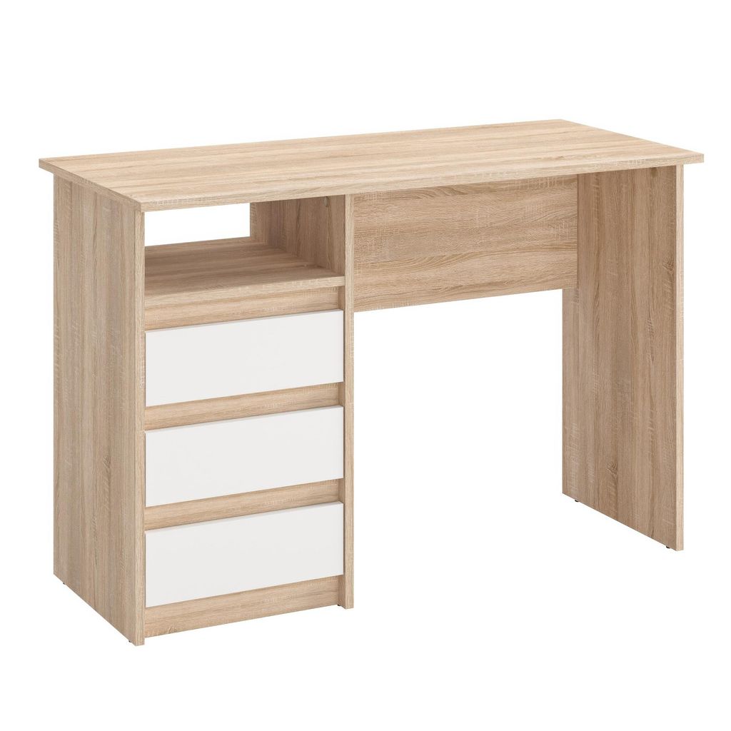 KOMTO Schreibtisch Computer Bürotisch PC Regal mit Schubladen Arbeitstisch 110x50x74 cm Sonoma/Weiß