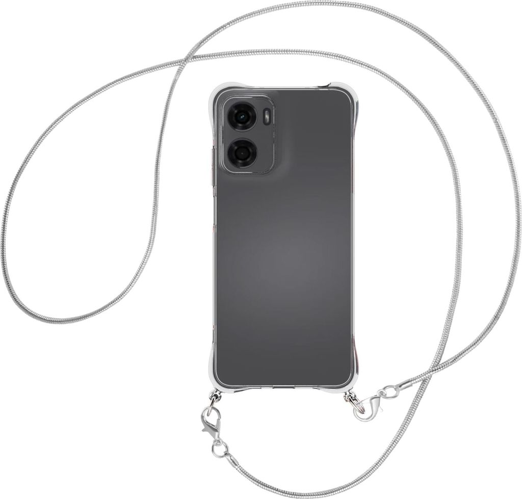 Handykette Backcover-Schutzhülle mit Band (Metall silberfarben) für Motorola Moto G05 - silberfarbene Snake-Kette