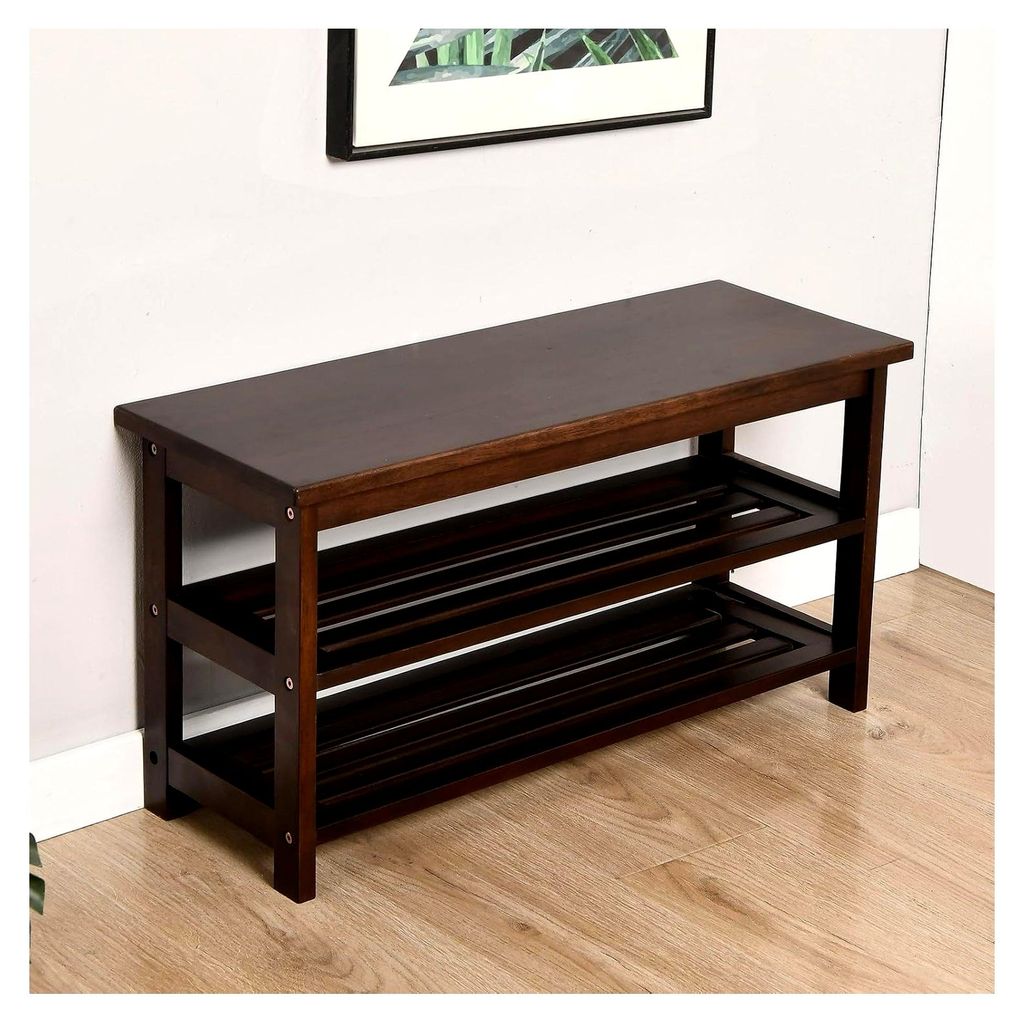 Schuhbank für den Eingangsbereich aus USA gewachsenem Hickory, Holzbank mit Schuhaufbewahrung für Flur, Schlafzimmer, Wohnzimmer, 3-stöckig, ext...