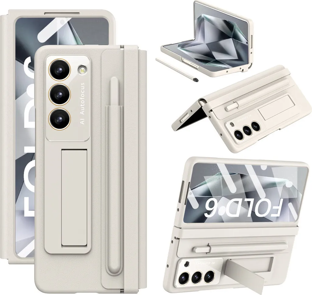 Custodia protettiva per Samsung Galaxy Z Fold 6 con cerniera in pelle, protezione dello schermo, supporto e portapenne Bianco