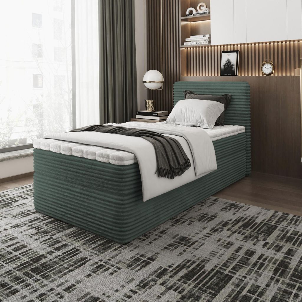 Bett, Boxspringbett, Continentalbett ZENO MINI mit Bonell Matratze, T25 Topper, Doppelbett mit Container, H3 80x200 cm, (Grün - Tilia 39)