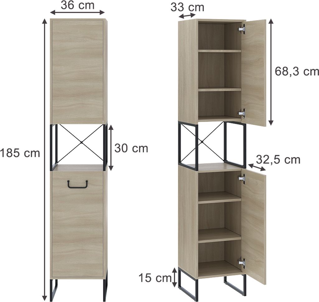 Koupelnová skříňka Vicco Vionna Dub/černá 36 x 185 cm se 2 Obrázek produktu 