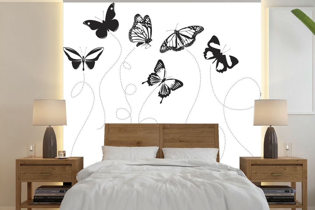 MuchoWow Fototapete für Wohnzimmer oder Schlafzimmer Wandtapete Vinyl Motivtapete Eine schwarz-weiße Illustration von Schmetterlingen - 350x350...