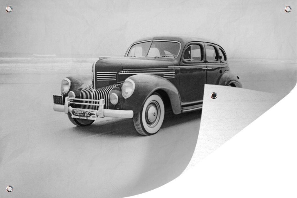 MuchoWow 60x40 cm Outdoor-Poster Gartendeko Sichtschutz Garten Poster für den Garten Oldtimer in Schwarz-Weiß-Bild