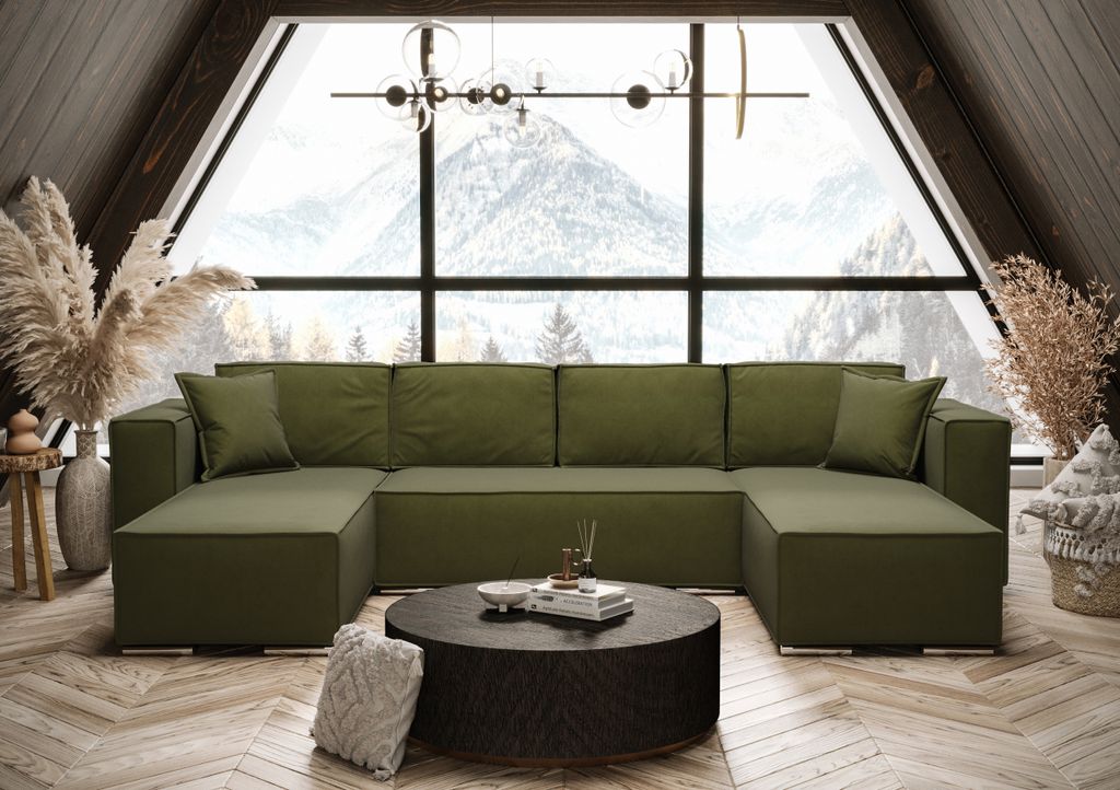 AX LIVING Grün Ecksofa mit Schlaffunktion U-Form Vinoria 327 cm
