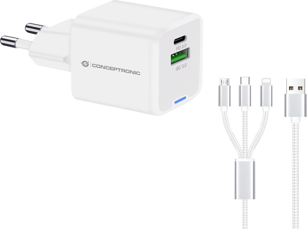 CONCEPTRONIC Ladegerät 2Port, 33W,1xUSB-C,1xUSB-A +3-in-1 sw