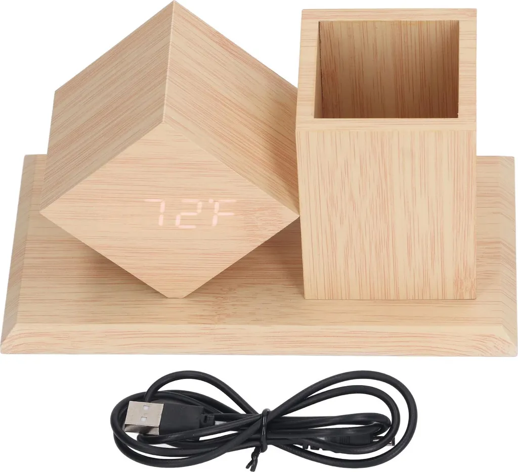 Horloge de bureau en bois porte-stylo avec écran LED et thermomètre HD