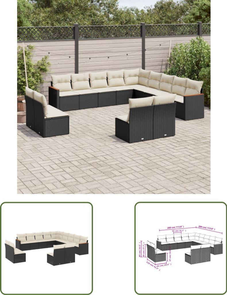 The Living Store 13-tlg. Garten-Sofagarnitur mit Kissen Schwarz Poly Rattan