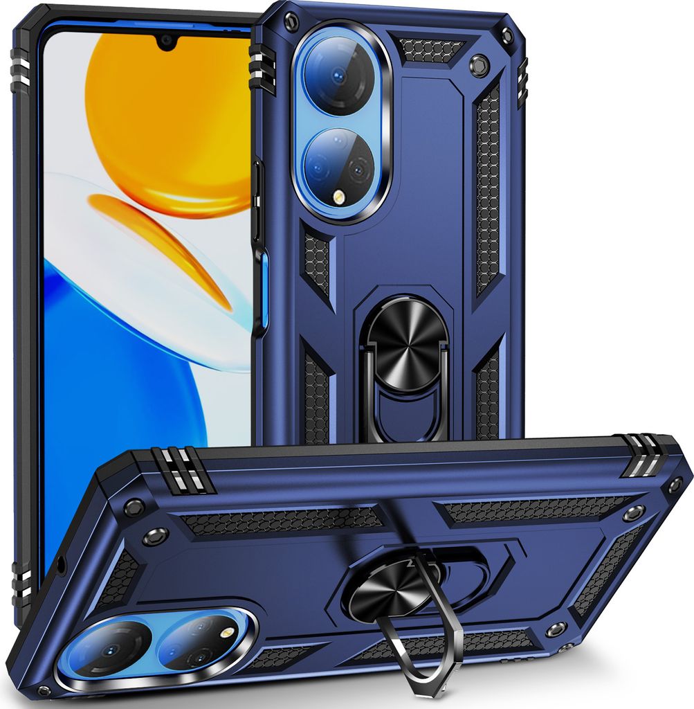 Honor X7 Hülle, Dual Layer Robust Militäre Schutzhülle mit Ringhalterung Ständer für Honor X7 Blau