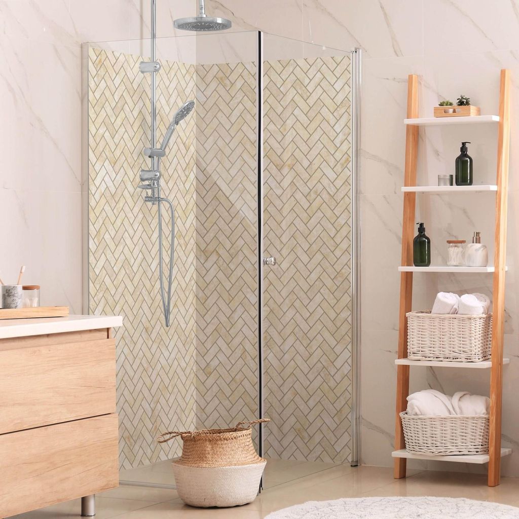 Duschrückwand mit Motiv selbstklebend - 0.61 mm Wandpaneel wasserfest Design gelb Fliesenoptik Badrückwand fugenlos Premium matt 110x210 cm