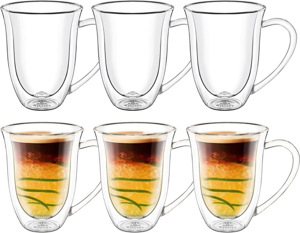 Wilmax Thermogläser mit Henkel - 6er Set - 300 ml - Doppelwandige Gläser für Wasser, Tee, Kaffee - Gläser für Tee und Kaffee - Becher für Hei...