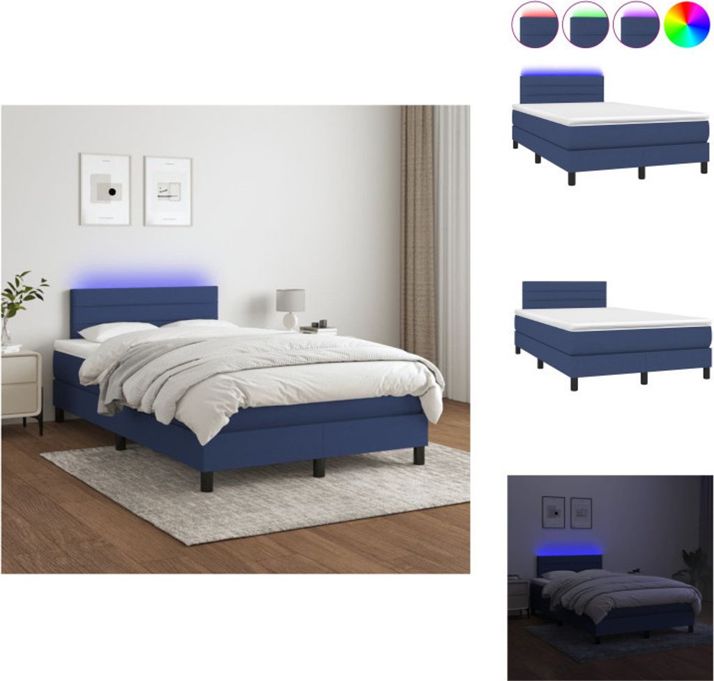 vidaXL Boxspringbett mit Matratze & LED Blau 120x200 cm Stoff - Betten & Bettgestelle