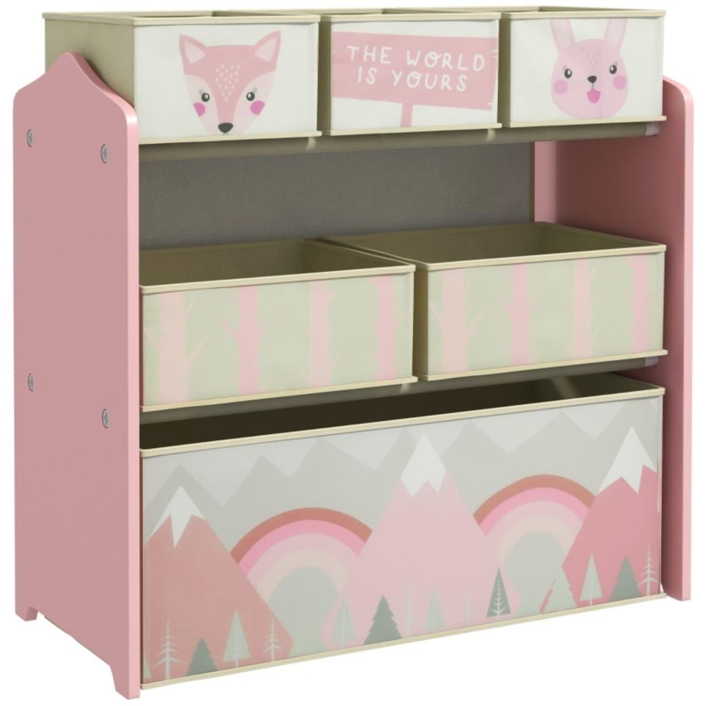 Kinderschrank mit 6 Stoffboxen, niedliches Motiv, 63x30x66 cm, Rosa