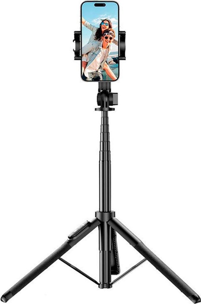 A black selfie stick with a tripod base and a smartphone attached, displaying a photo of two people.