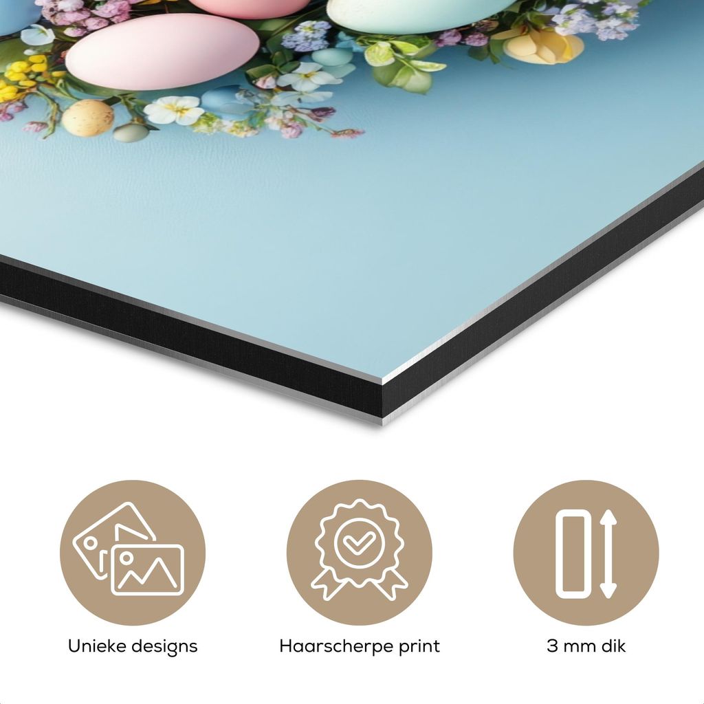 MuchoWow Wanddekoration Metall Metallbild Wandkunst 90x90 cm Kranz - Eier - Blumen MuchoWow Aluminium Gemälde - Dekoration - Industrial - Metall