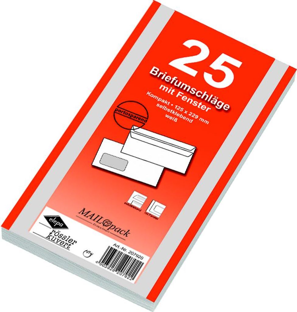 25 Briefumschläge Kompakt weiss mit Fenster 125X229 Produktbild 