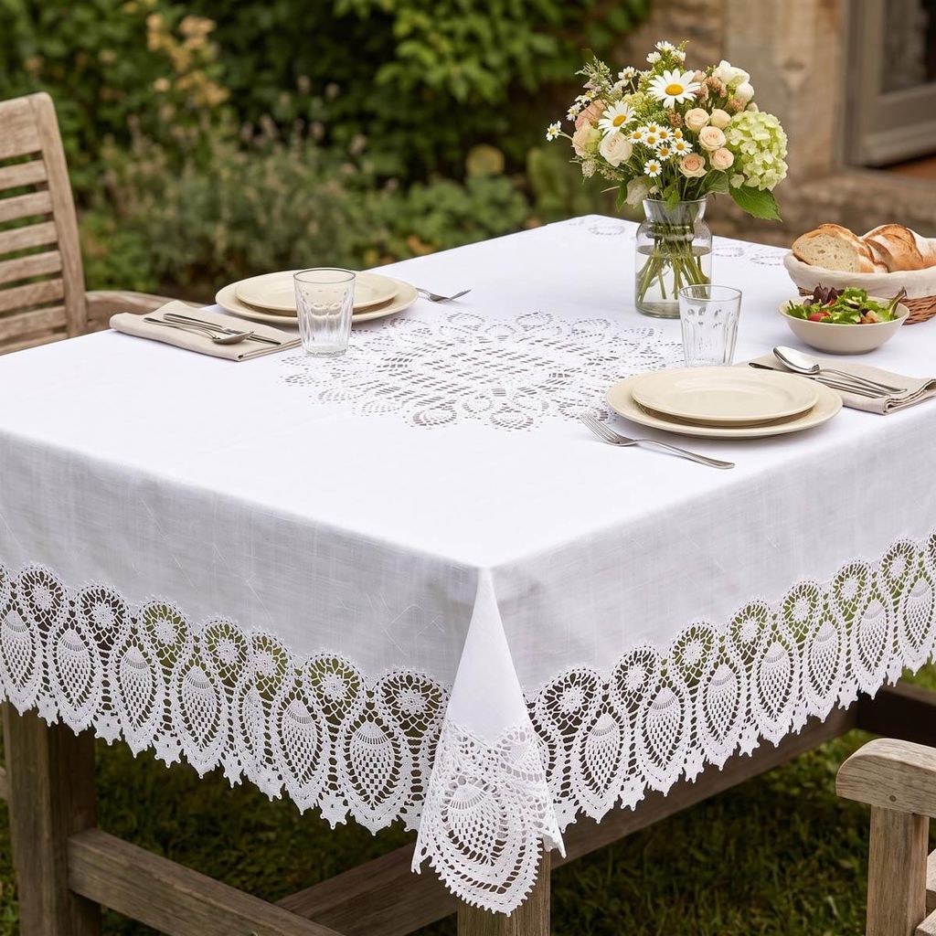 Tischdecke Outdoor Häkelspitze Amira weiß 137x180cm Produktbild 