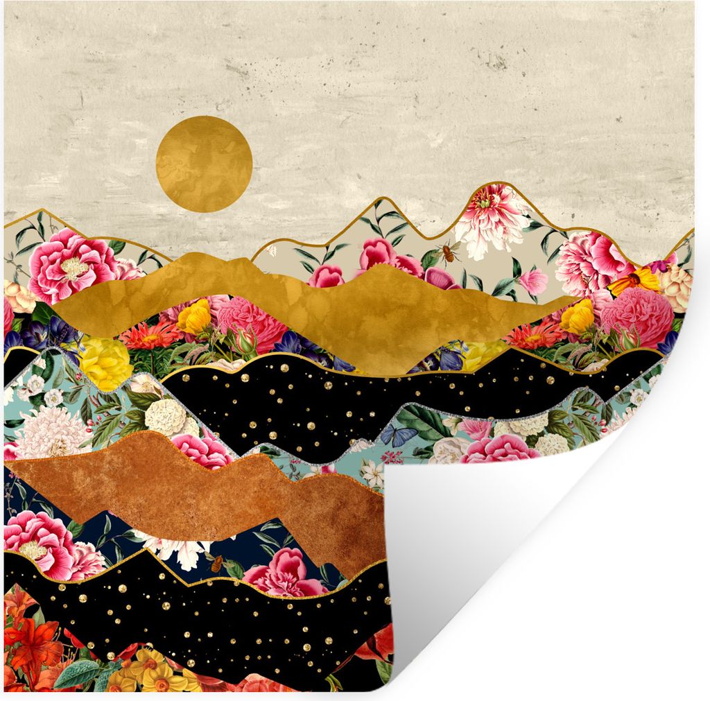 MuchoWow Wandtattoo Wandsticker Wandaufkleber Gold - Blumen - Druck - Abstrakt - Landschaft - Muster 100x100 cm Selbstklebend und Repositionierba...