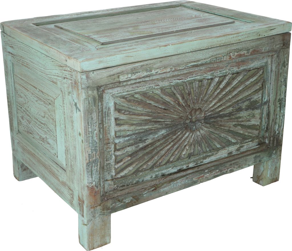 Vintage Holzbox, Holztruhe, Couchtisch, Kaffeetisch aus Massivholz, Verziert - Modell 45, Grün, 45*61*45 cm, Truhen, Kisten, Koffer