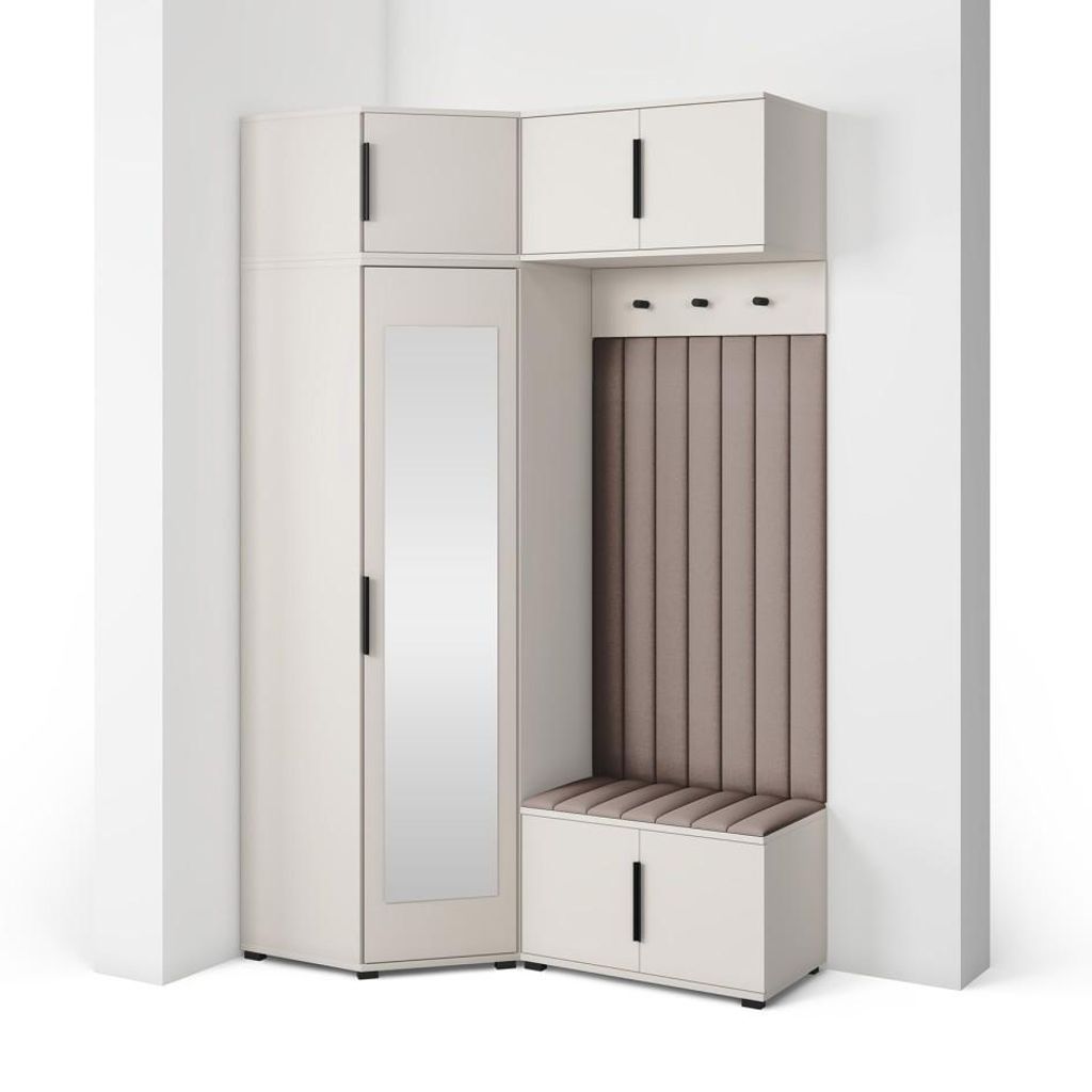 Garderoben-Set Napoli Version 23: Eckschrank mit Polsterpaneelen, Schuhschrank und Schrankaufsatz Flur und Eingangsbereich (Cashmere/Trinity 05)