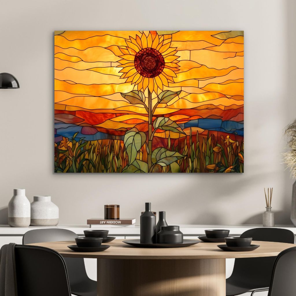 MuchoWow Wanddekoration Metall Metallbild Wandkunst 80x60 cm Sonnenblume - Mosaik - Sonnenuntergang - Gelb MuchoWow Aluminium Gemälde - Alubild
