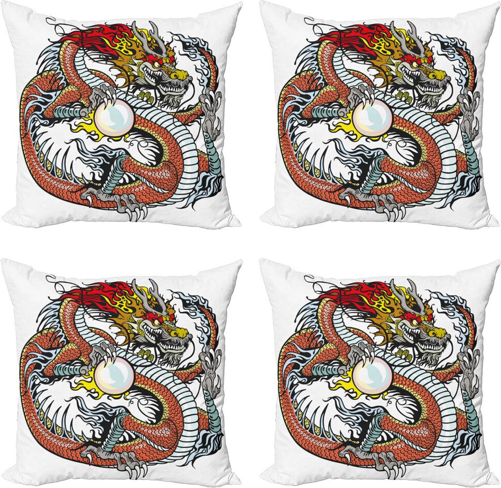 ABAKUHAUS Drachen Kissenbezug Set (4 Stück), Chinesische Sternzeichen, Moderner Doppelseitiger Digitaldruck, 40 cm x 40 cm, Mehrfarbig