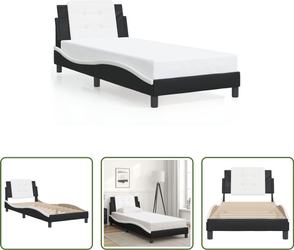 The Living Store Bettgestell mit Kopfteil Schwarz und Weiß 90x200 cm Kunstleder