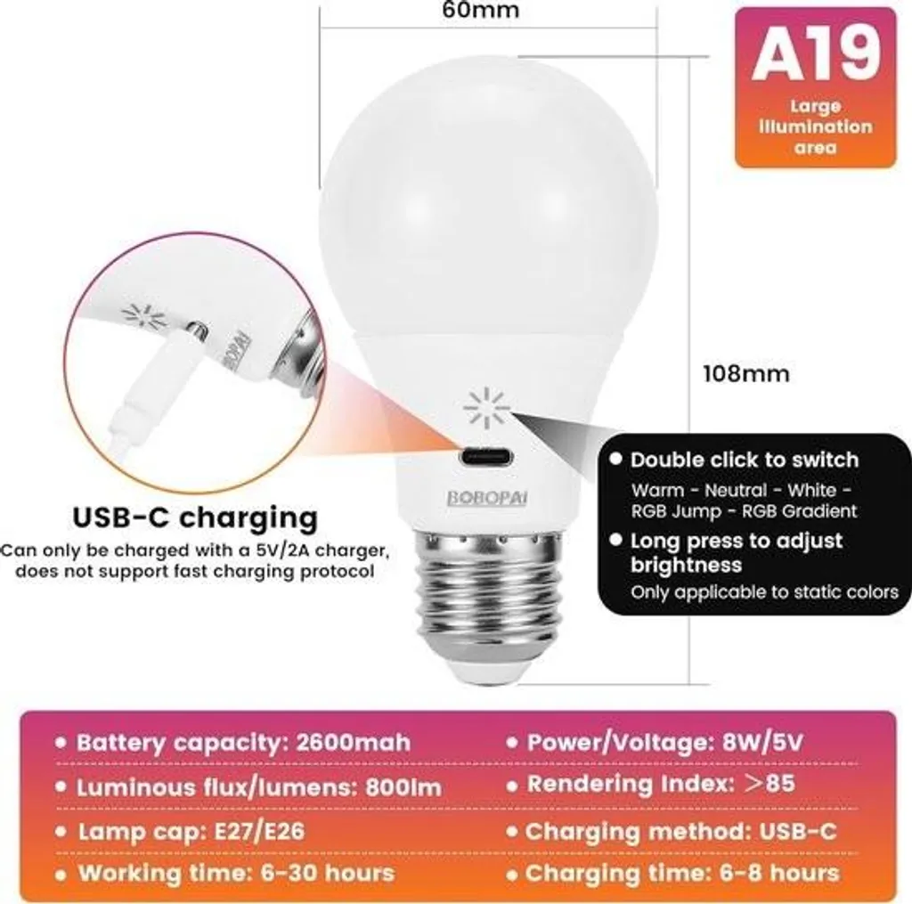 Ampoule RGB rechargeable avec télécommande LED dimmable et minuterie