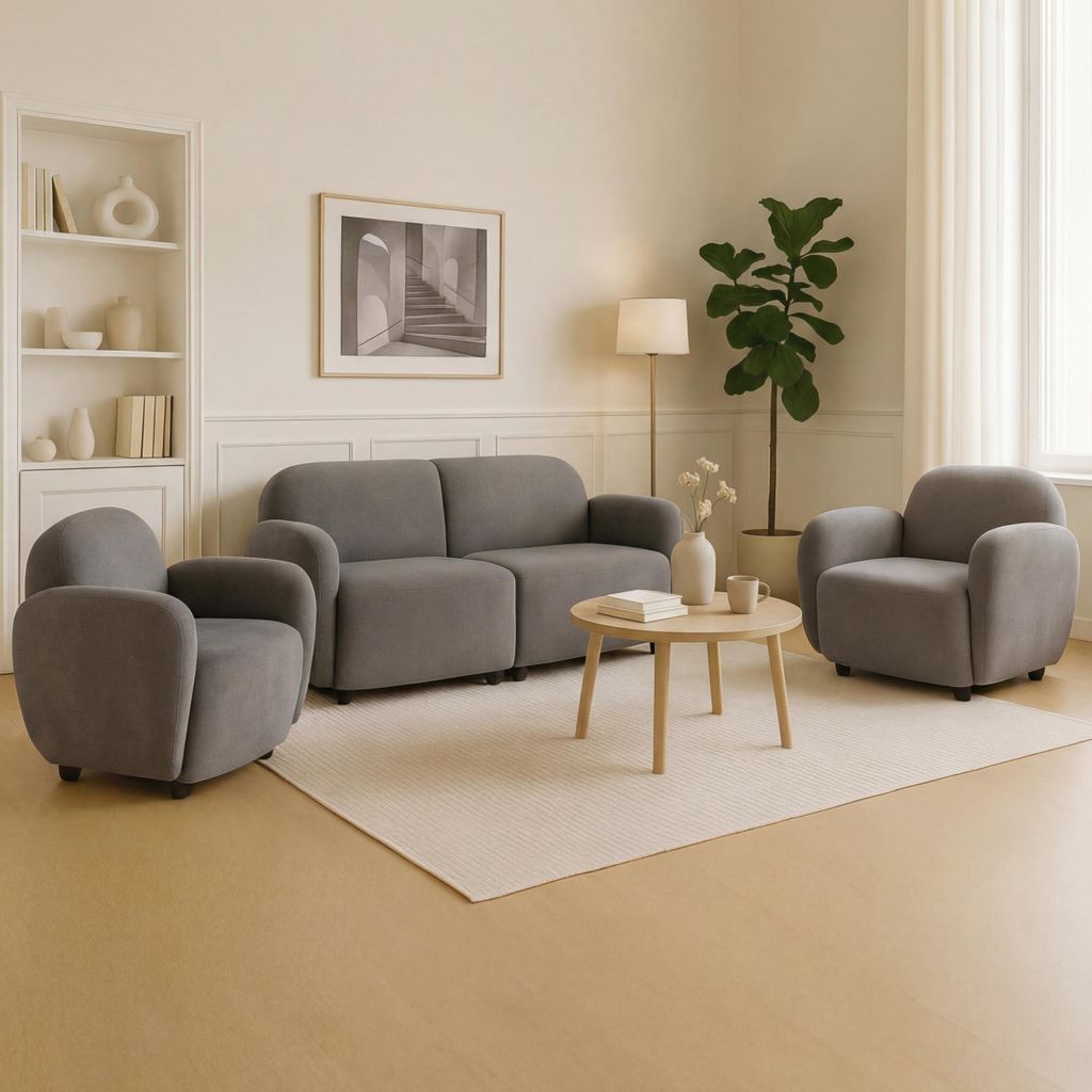 Wohnzimmer-Set MCW-P33, 2er-Sofa 2x Sessel, Stoff/Textil Chenille (330 g/m²) hellgrau