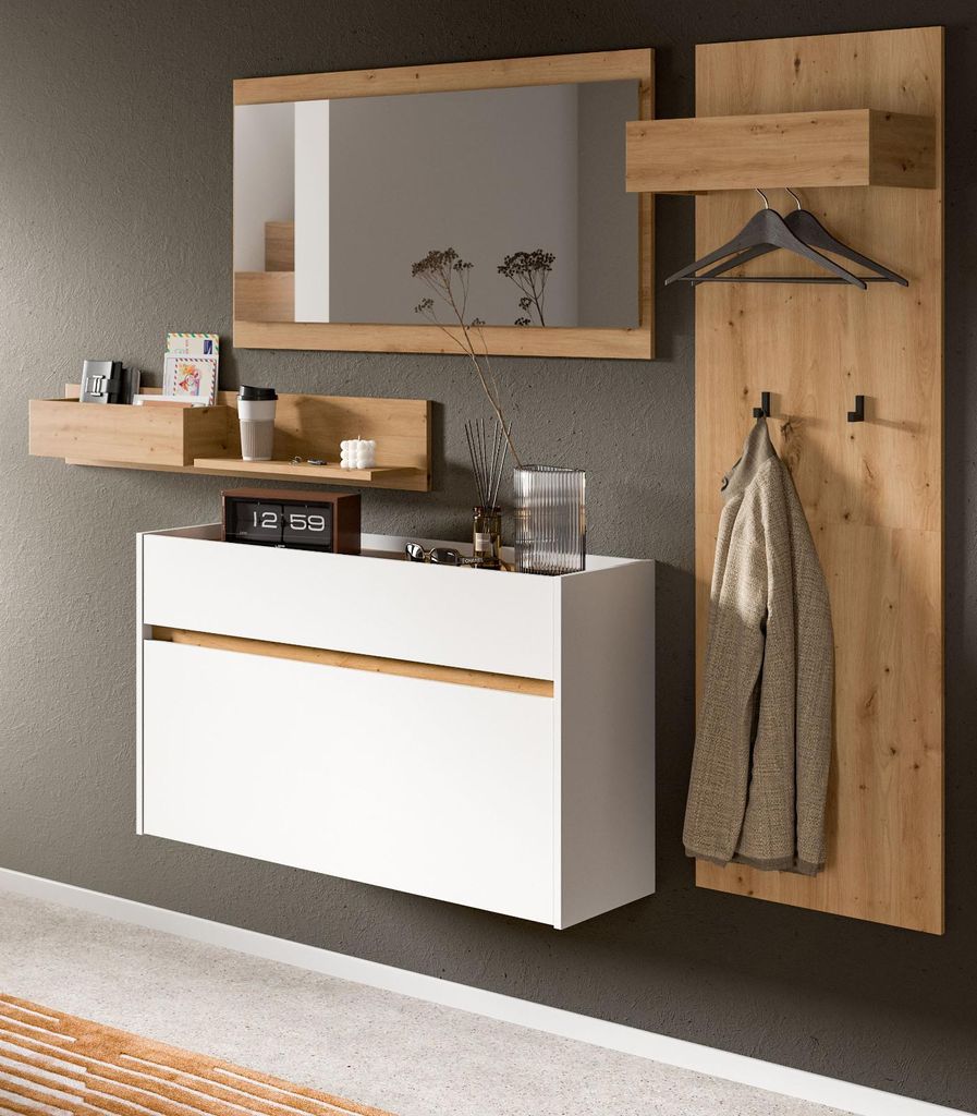 Garderobe Set 4-teilig "Borga" in weiß und Artisan Eiche 205 x 192 cm