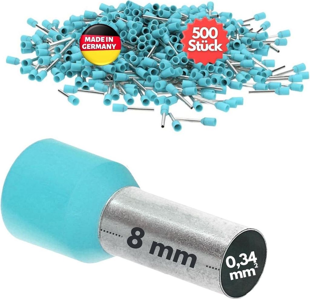 500 Stück Kalitec AE03408TK Aderendhülsen isoliert 0,34mm² 8mm lang türkis I Germany I Industriequalität