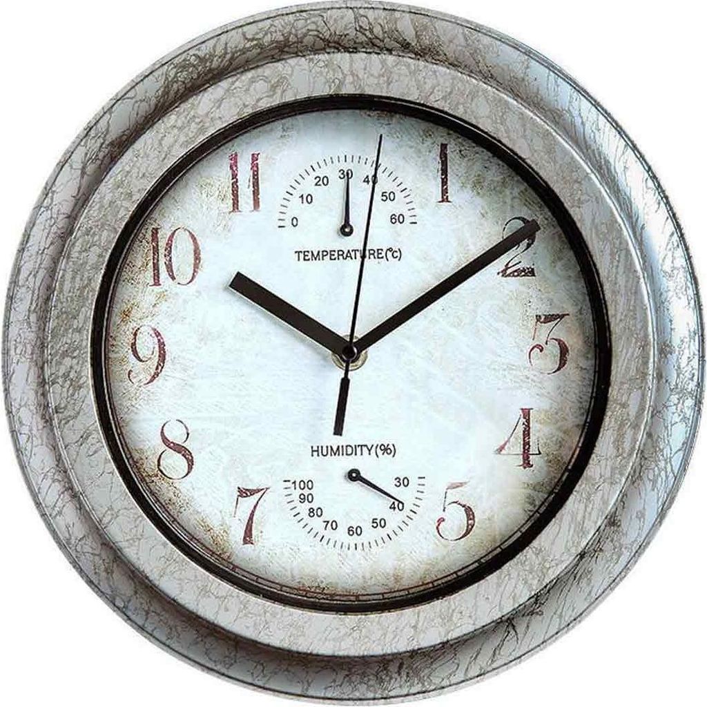 Wasserdichte Außenuhr mit Thermometer-Hygrometer, geräuschlose, nicht tickende Metall-Wanduhr, batteriebetriebene Uhr für Pool, Garten, Terrasse...