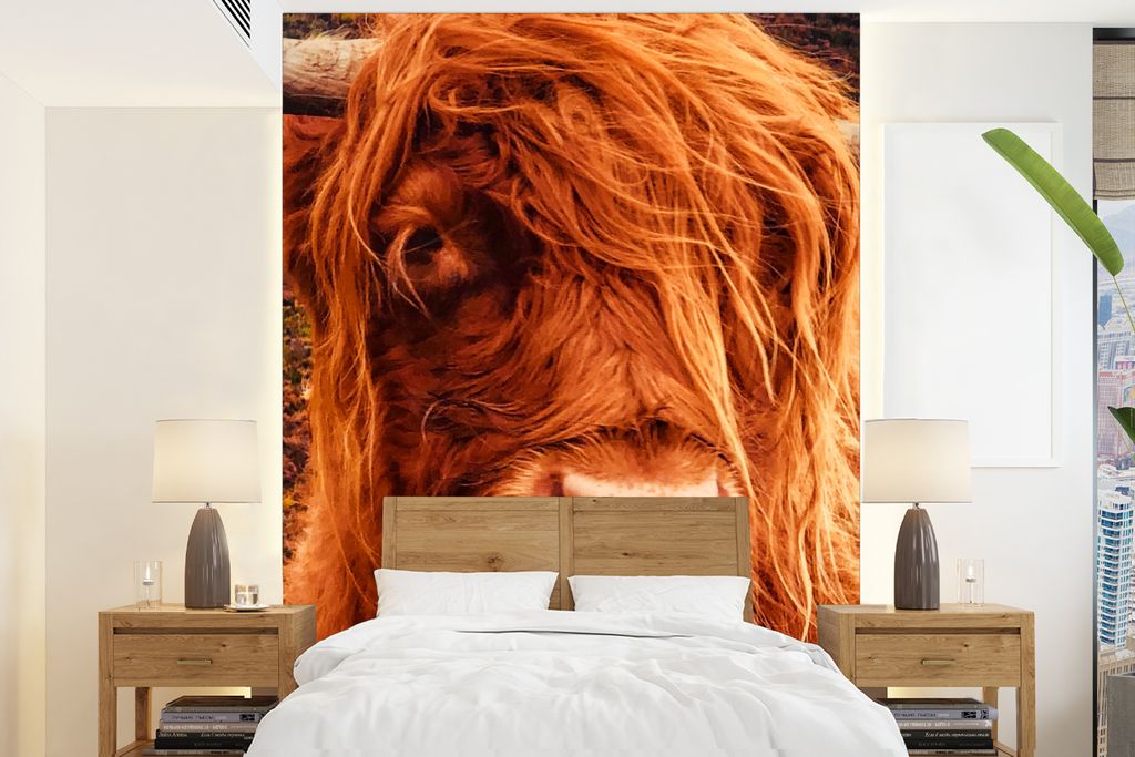 MuchoWow Fototapete für Wohnzimmer oder Schlafzimmer Wandtapete Vinyl Motivtapete Schottischer Highlander - Nahaufnahme - Kuhkopf - 165x220 cm -...