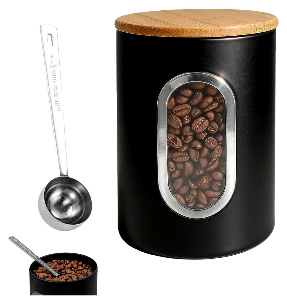 Kaffeedose, 1,5 L / 500g Eisenbehälter für Kaffeebohnen mit Holzdeckel, luftdicht mit transparentem Fenster, zur Aufbewahrung von Kaffeebohnen un...