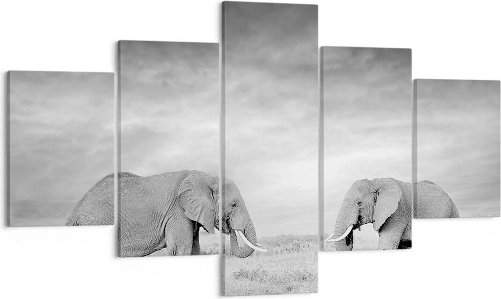 Bild auf Leinwand - Leinwandbild - 5 Teile - Elefanten Schwarzweiß Safari - 125x70cm - Wand Bild - Wanddeko - Wandbilder - Leinwanddruck - Bilder ...