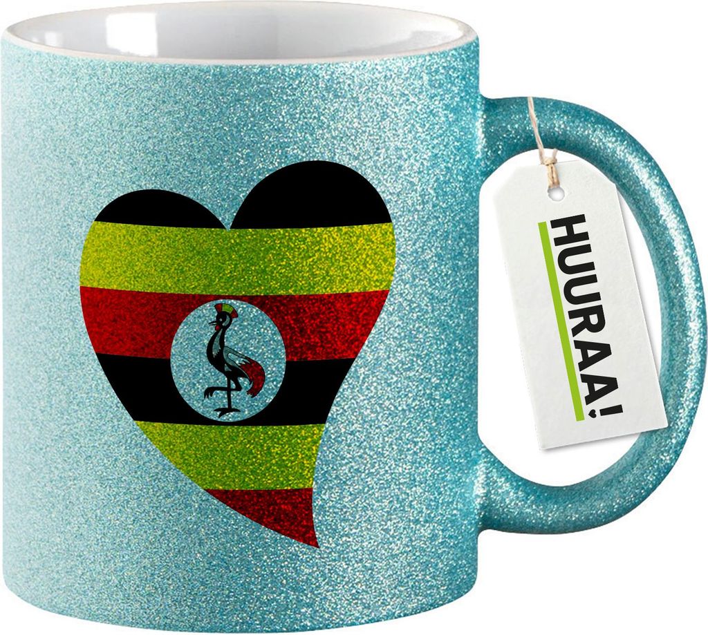 Huuraa Glitzertasse Uganda Flagge Herz 330ml Blau Keramik Kaffeebecher Geschenkidee