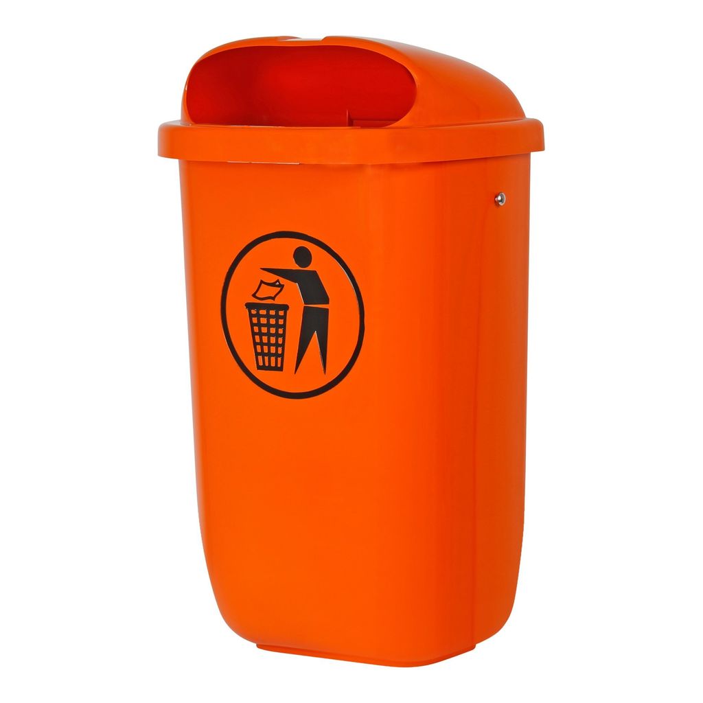 STIER Abfallbehälter mit Regenhaube, Volumen: 50 L, Farbe: Orange, Abmessung: 432 x 334 x 745 mm, Mülleimer zur Montage an Pfählen, Masten und W...