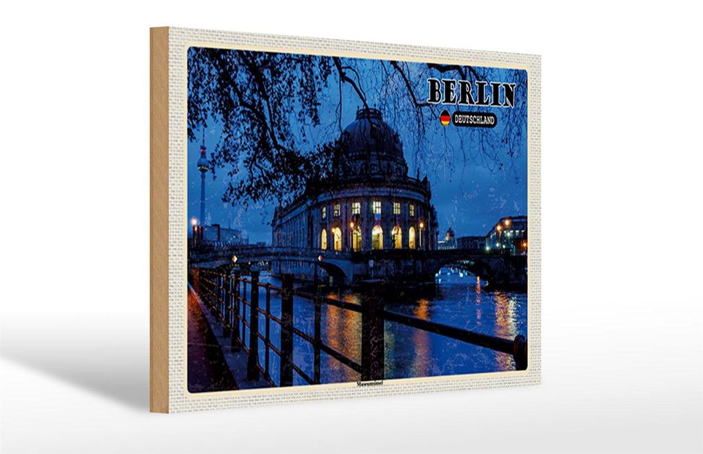Holzschild Städte Berlin Museumsinsel Nacht Abend 30x20cm