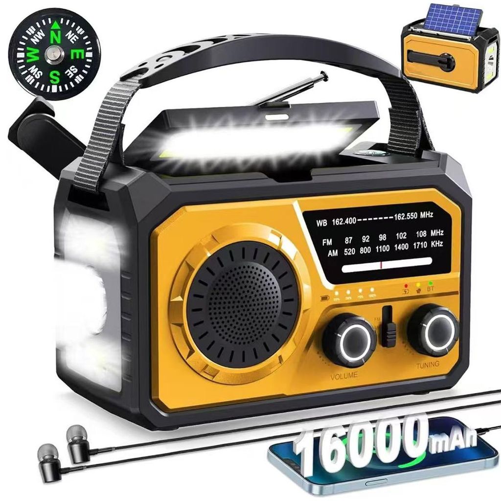 A product image showcasing a multi-functional emergency radio with various features.