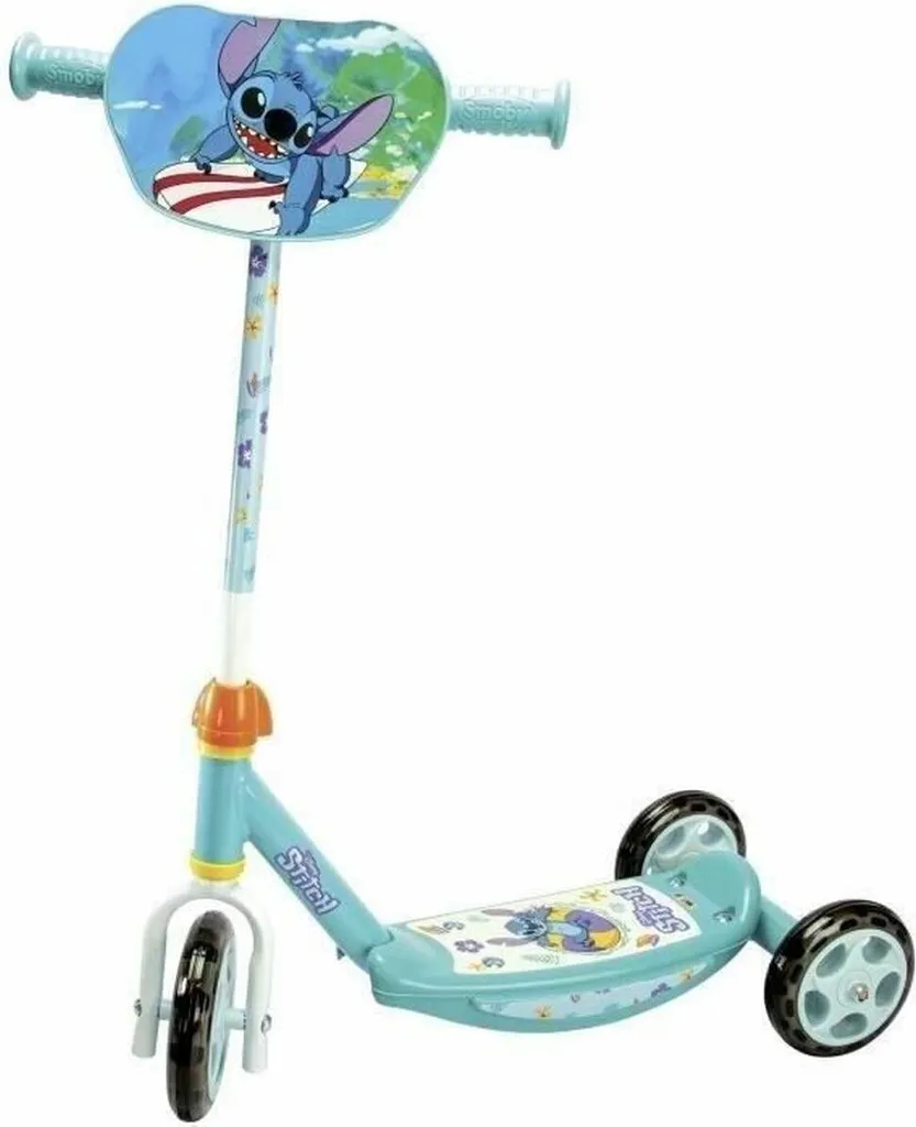 Tricycle Smoby Stitch 3R en métal avec canne réglable et benne arrière