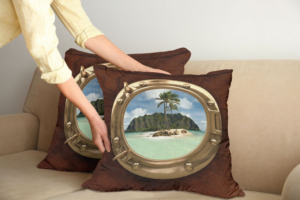 ABAKUHAUS hawaiisch Kissenbezug Set (2Stück), Bullauge Innerhalb Schiffs Ansicht Eines Verlassenen Insel Klippen Tropischen, 60x60cm, Gelb Grün B...