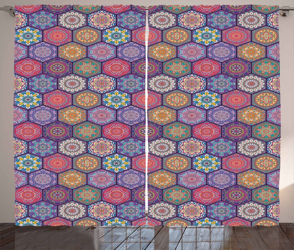 ABAKUHAUS Mandala Rustikaler Gardine, Oriental Hexagon Motiv, Schlafzimmer Kräuselband Vorhang mit Schlaufen und Haken, 280 x 175 cm, Mehrfarbig