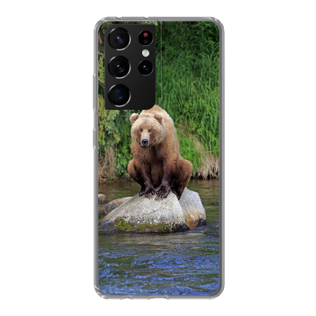 MuchoWow Handyhülle Schutzhülle Hülle für Samsung Galaxy S21 Ultra Bär - Stein - Tier Silikon Softcase Handy Hülle - Mobiltelefon