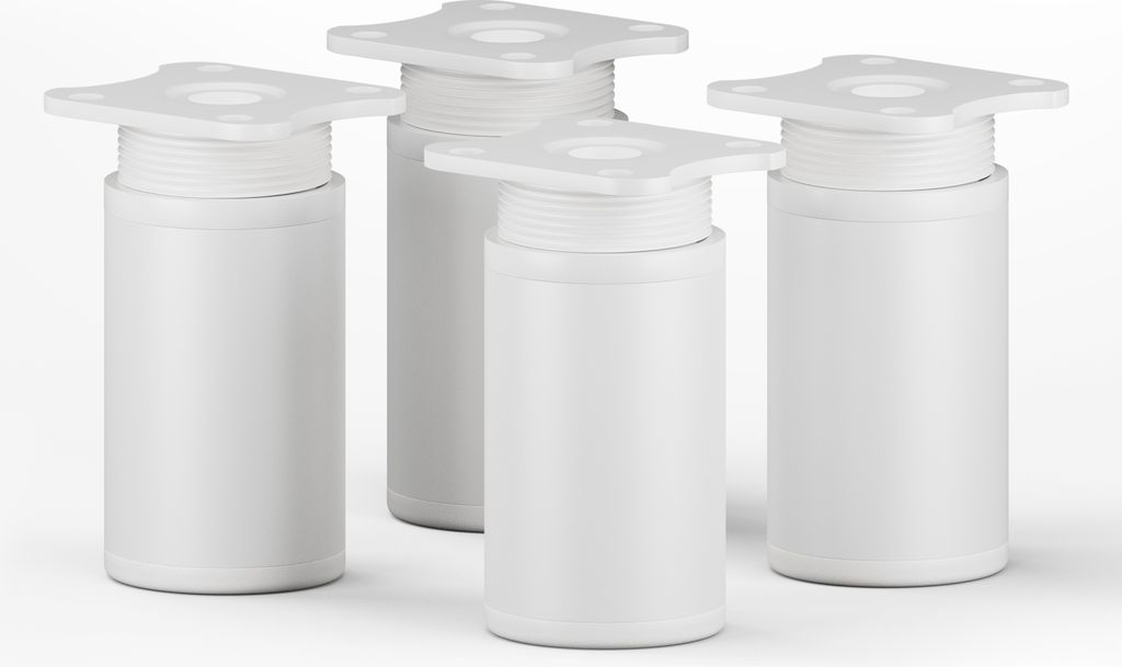 Four white adjustable furniture legs are arranged in a group on a white background.